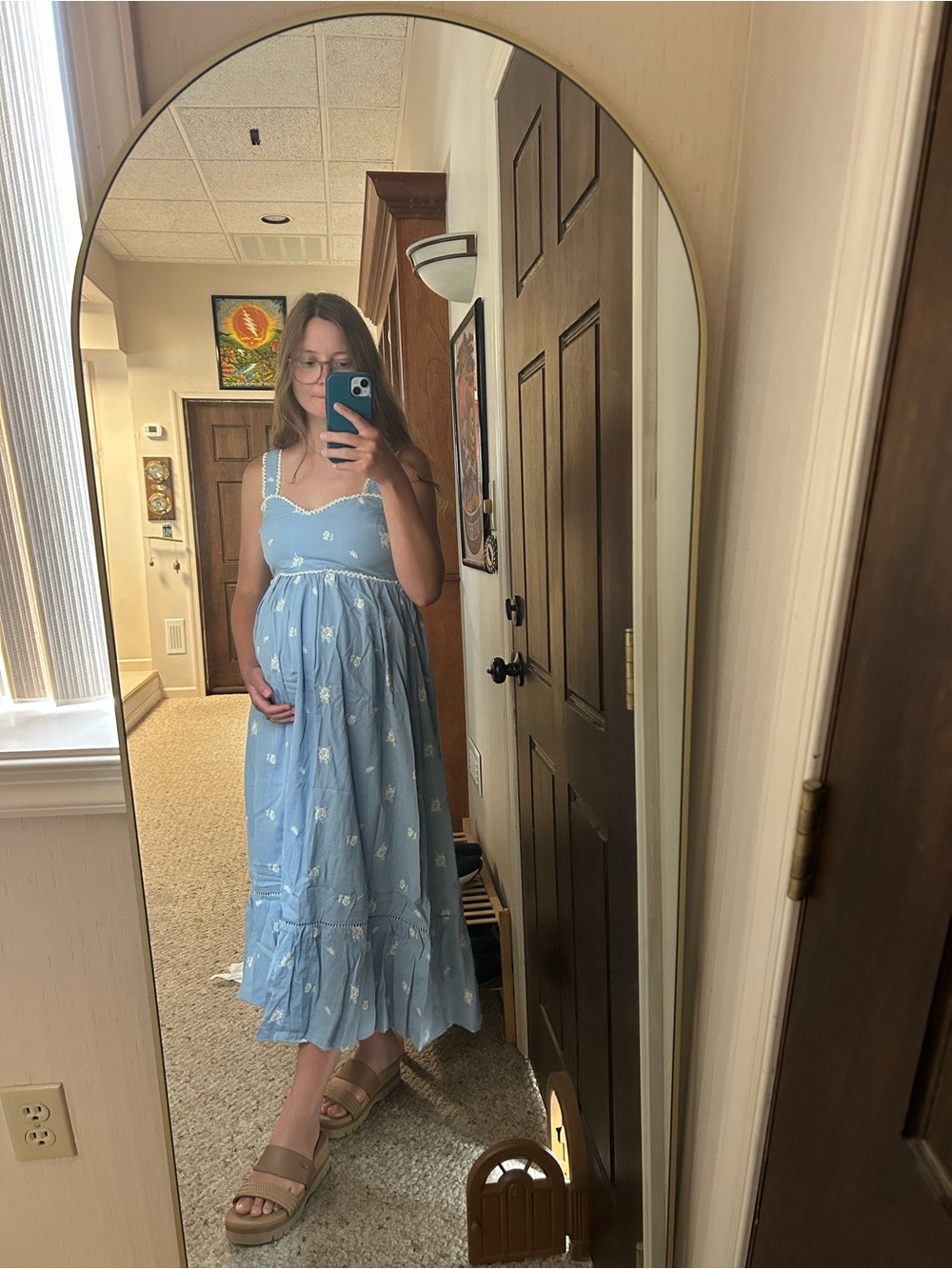 Pinkblush Maternity Light Blue Vintage Floral Smocked Maternity Midi dress - Picture 5 of 5